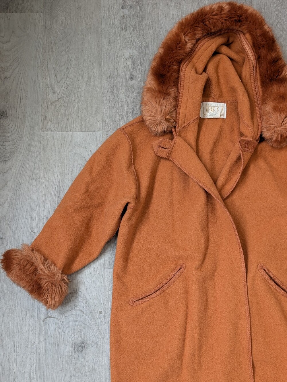 Vintage Rare Linda Lundstrom Laparka Orange 100% Wool Women Coat Headband Sz 12 - Picture 6 of 14